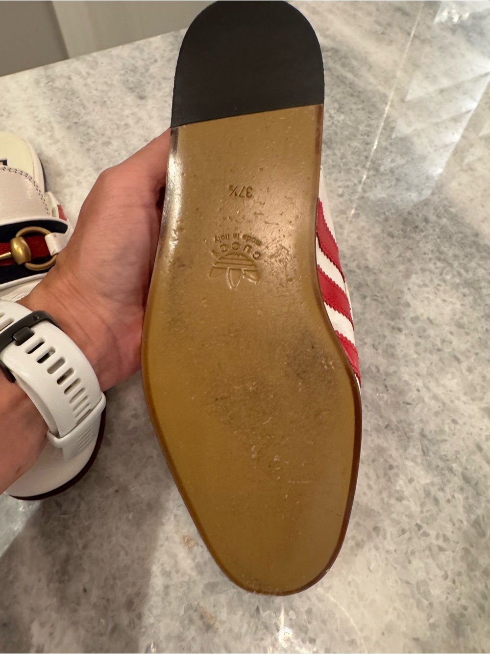 Gucci White Leather Horsebit Mule Loafers with Red & Navy Stripes - Picture 6 of 8